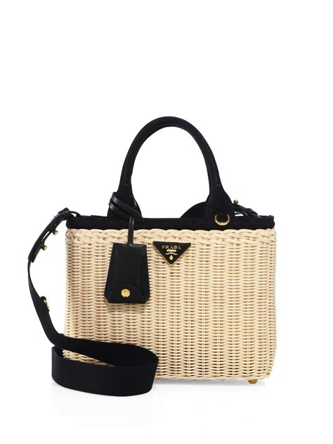 prada midollino small leather-trimmed canvas and wicker tote|Prada Wicker Midollino Small .